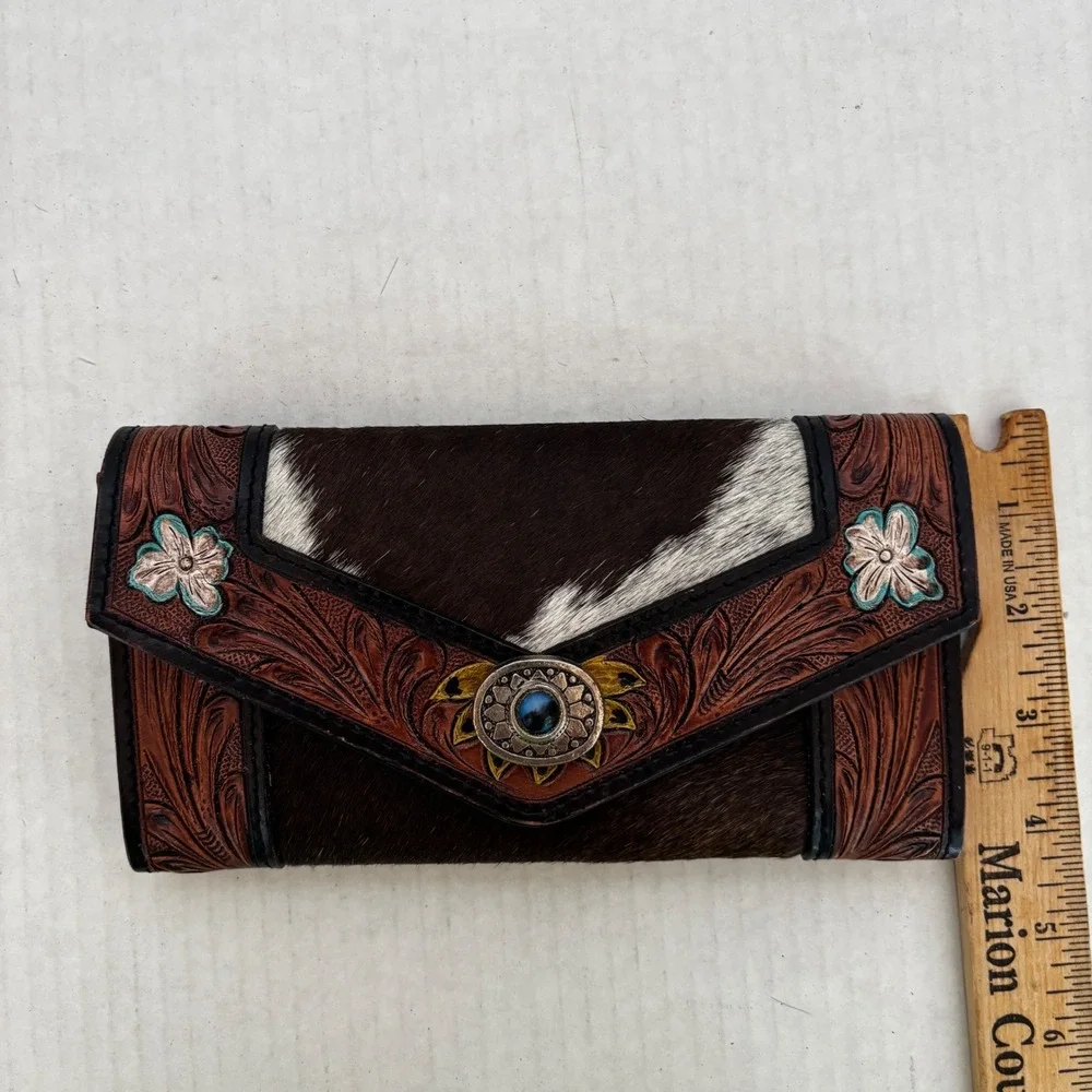 Tooled Leather Wallet Womens Brown Cowhide‎ Sunflower Western Concho New